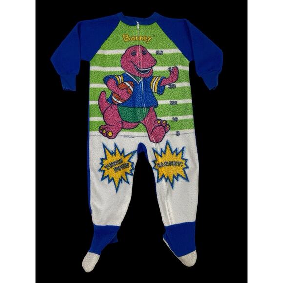 Vintage Barney Dinosaur Footed Zip Up Pajamas 90's Football 3T Lyons Group Flaws - Picture 13 of 13